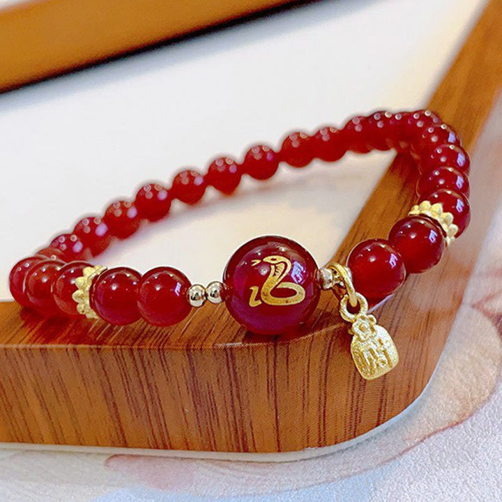 Buddha Stones Red Agate Gold Plated Copper Year Of The Snake Happiness Bracelet