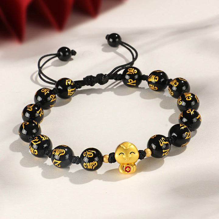 Buddha Stones Red Agate Black Onyx Bead Copper Year Of The Snake Fu Character Om Mani Padme Hum Happiness Bracelet