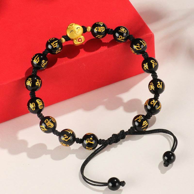 Buddha Stones Red Agate Black Onyx Bead Copper Year Of The Snake Fu Character Om Mani Padme Hum Happiness Bracelet