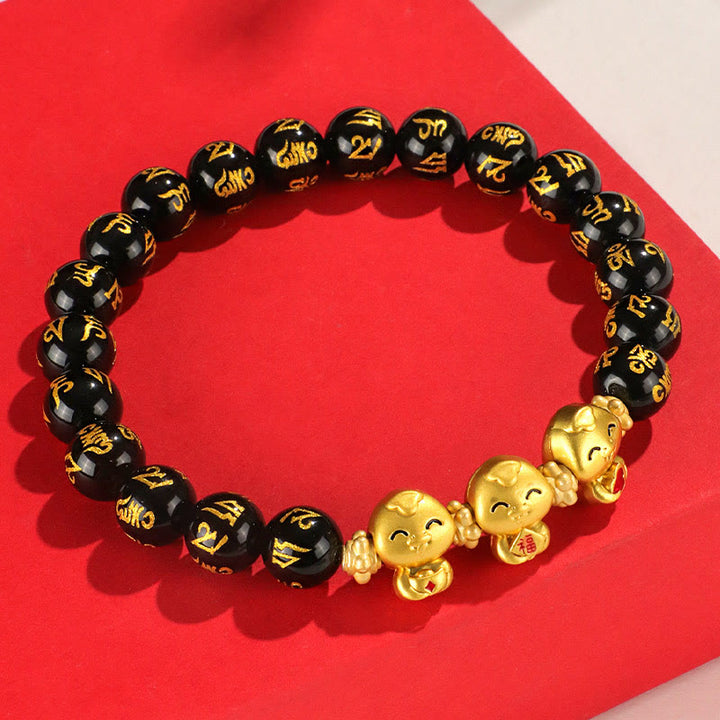 Buddha Stones Red Agate Black Onyx Bead Copper Year Of The Snake Fu Character Om Mani Padme Hum Happiness Bracelet