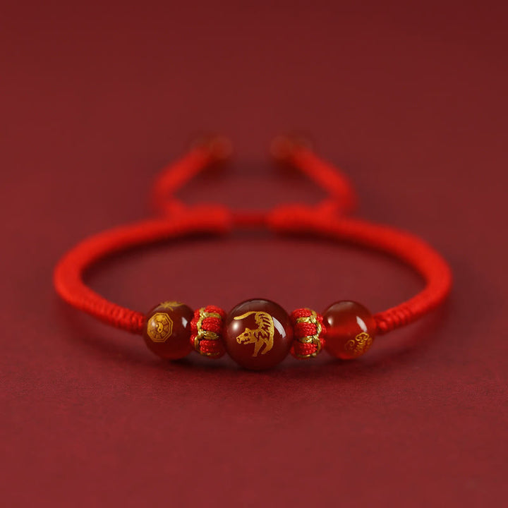 Buddha Stones Handmade Red Agate Chinese Zodiac Red String Braided Protection Bracelet