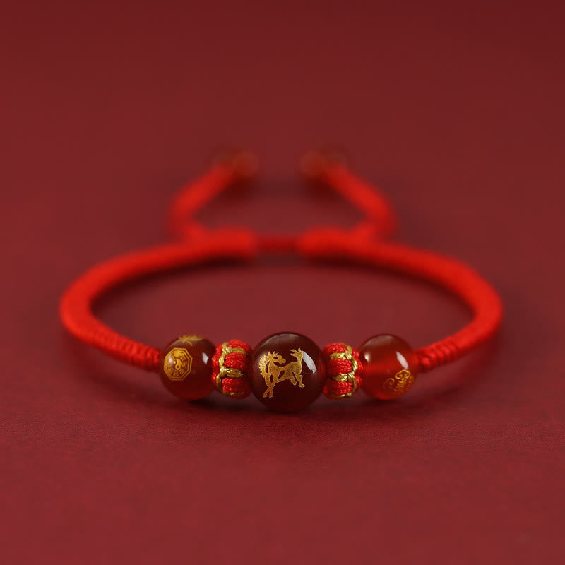 Buddha Stones Handmade Red Agate Chinese Zodiac Red String Braided Protection Bracelet