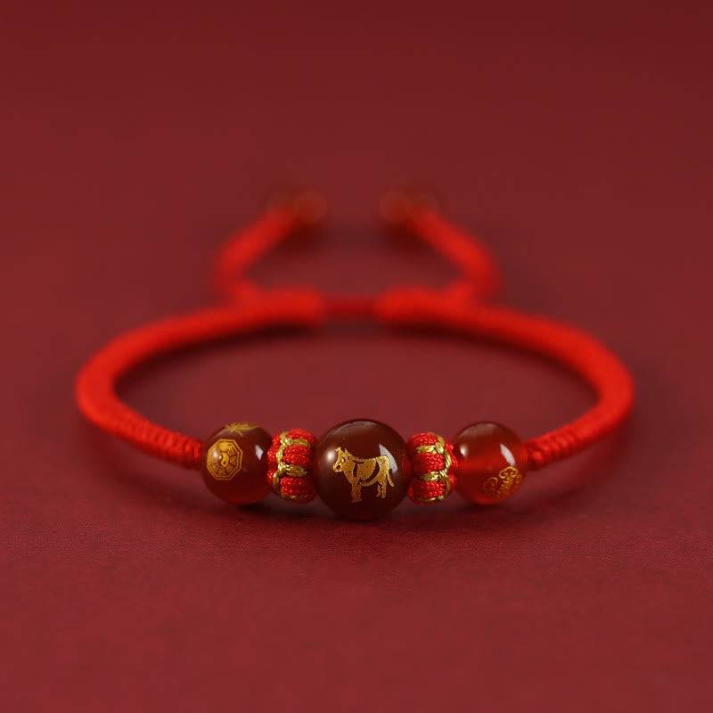 Buddha Stones Handmade Red Agate Chinese Zodiac Red String Braided Protection Bracelet