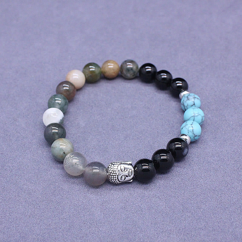 Buddha Stones Natural Black Onyx White Stone Green Aventurine Tiger Eye Agate Mixed Color Buddha Head Protection Bracelet