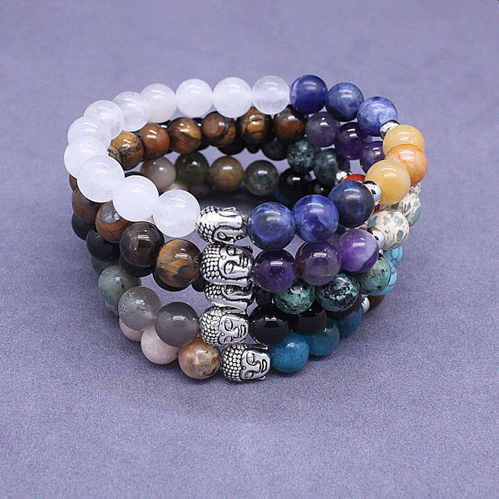 Buddha Stones Natural Black Onyx White Stone Green Aventurine Tiger Eye Agate Mixed Color Buddha Head Protection Bracelet