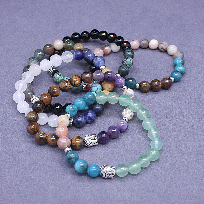 Buddha Stones Natural Black Onyx White Stone Green Aventurine Tiger Eye Agate Mixed Color Buddha Head Protection Bracelet