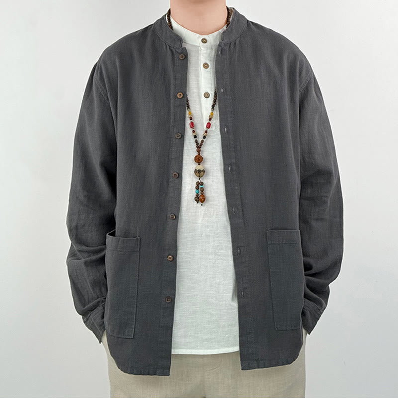 Buddha Stones Casual Solid Color Ramie Linen Cotton Men's Shirt With Pockets - image 1