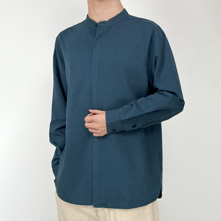 Buddha Stones Casual Solid Color Button Front Long Sleeve Cotton Linen Men's Shirts