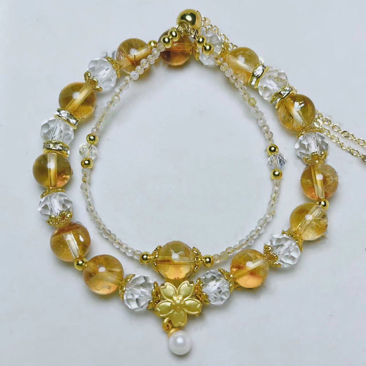 Buddha Stones Natural Citrine Glass Beads Flower Multiple Layers Prosperity Bracelet