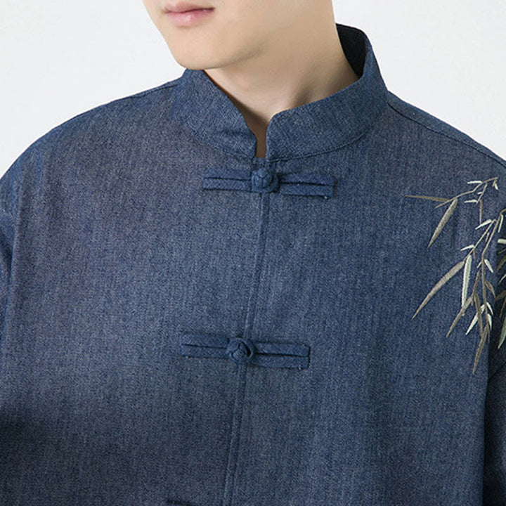 Buddha Stones Bamboo Leaves Design Frog-button Tang Suit Cotton Men's Jacket Shirt