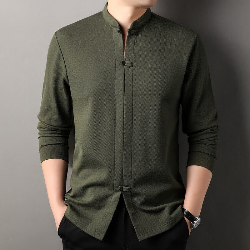 Buddha Stones Casual Solid Color Long Sleeve Cotton Men's Shirts