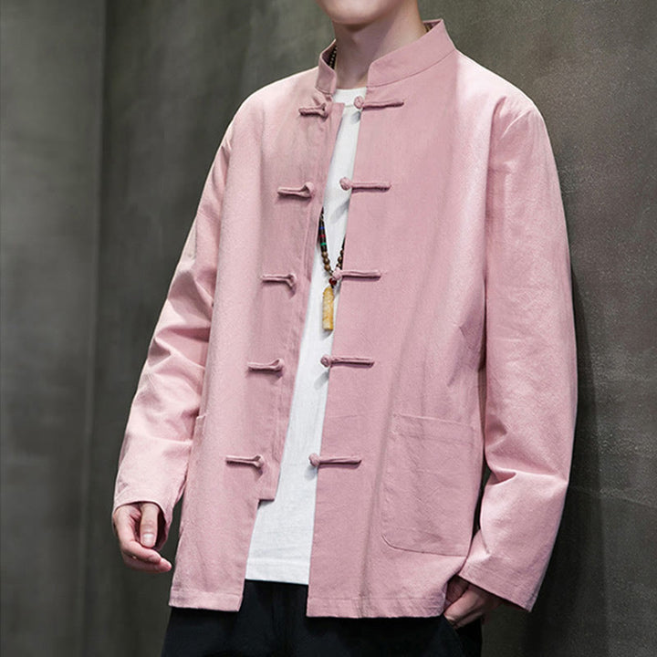 Buddha Stones Solid Color Frog-button Tang Suit Cotton Linen Men's Jacket Shirt With Pockets - image 27