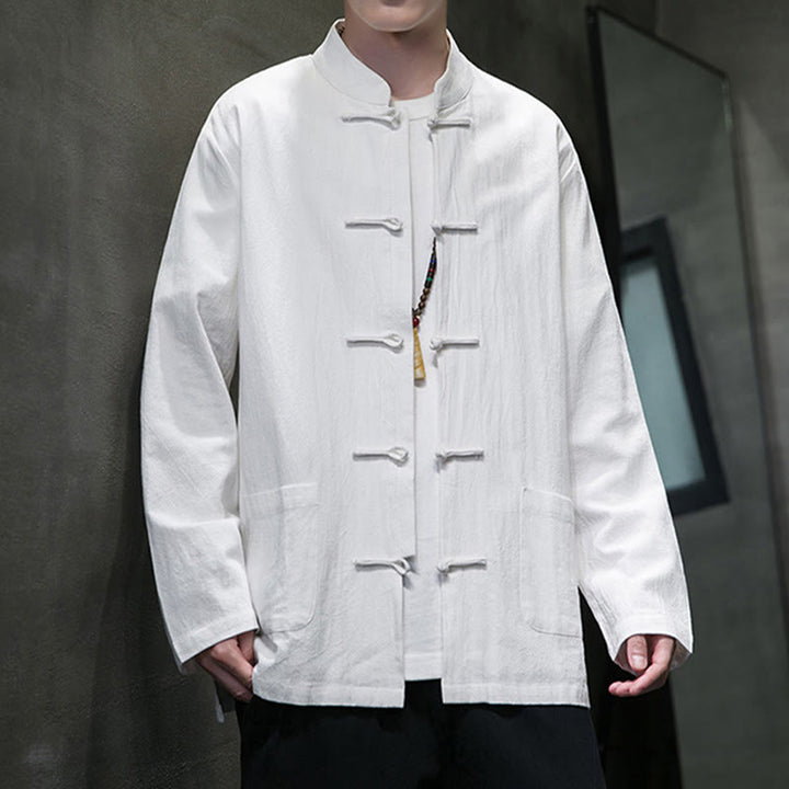 Buddha Stones Solid Color Frog-button Tang Suit Cotton Linen Men's Jacket Shirt With Pockets - image 42