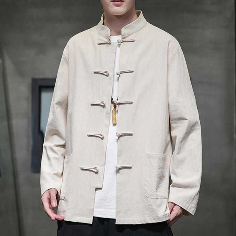 Buddha Stones Solid Color Frog-button Tang Suit Cotton Linen Men's Jacket Shirt With Pockets - image 14