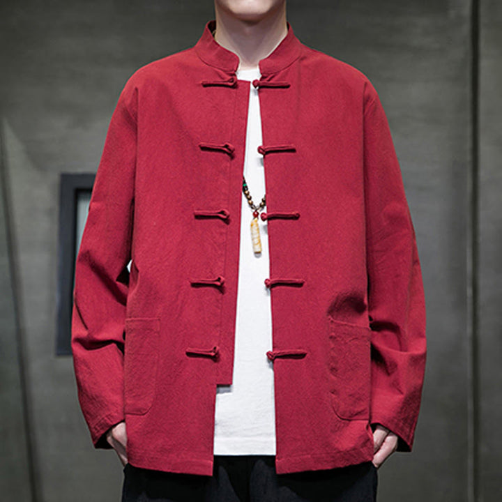 Buddha Stones Solid Color Frog-button Tang Suit Cotton Linen Men's Jacket Shirt With Pockets - Crimson - US/UK/AU46，EU56 (5XL) - image 33