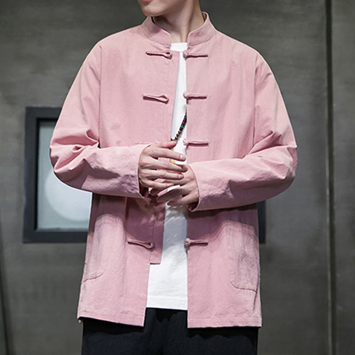 Buddha Stones Solid Color Frog-button Tang Suit Cotton Linen Men's Jacket Shirt With Pockets - image 30