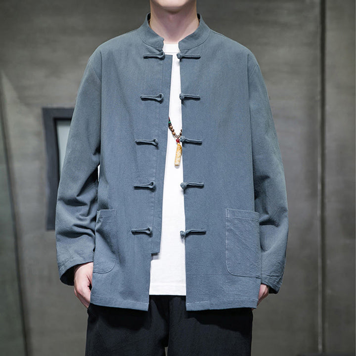 Buddha Stones Solid Color Frog-button Tang Suit Cotton Linen Men's Jacket Shirt With Pockets - SteelBlue - US/UK/AU46，EU56 (5XL) - image 0