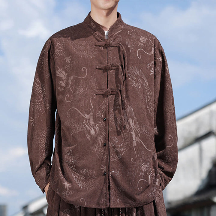 Buddha Stones Dragon Design Casual Corduroy Cotton Men's Jacket Shirt Pants With Pockets