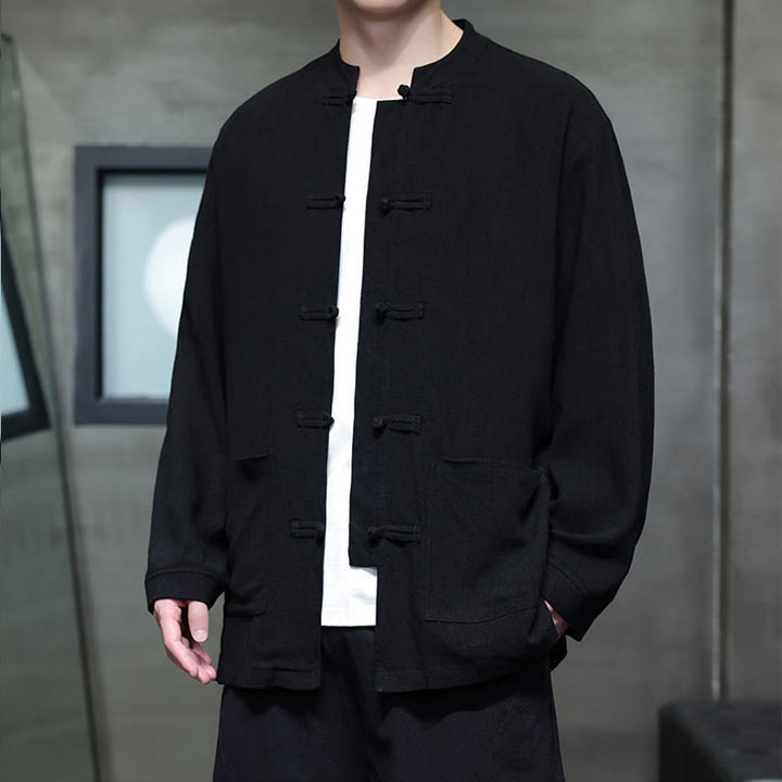 Buddha Stones Casual Plain Color Frog-button Linen Men's Jacket Shirt With Pockets - image 12