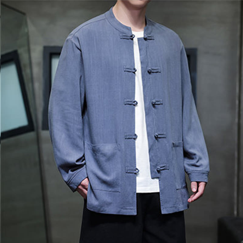 Buddha Stones Casual Plain Color Frog-button Linen Men's Jacket Shirt With Pockets - image 6