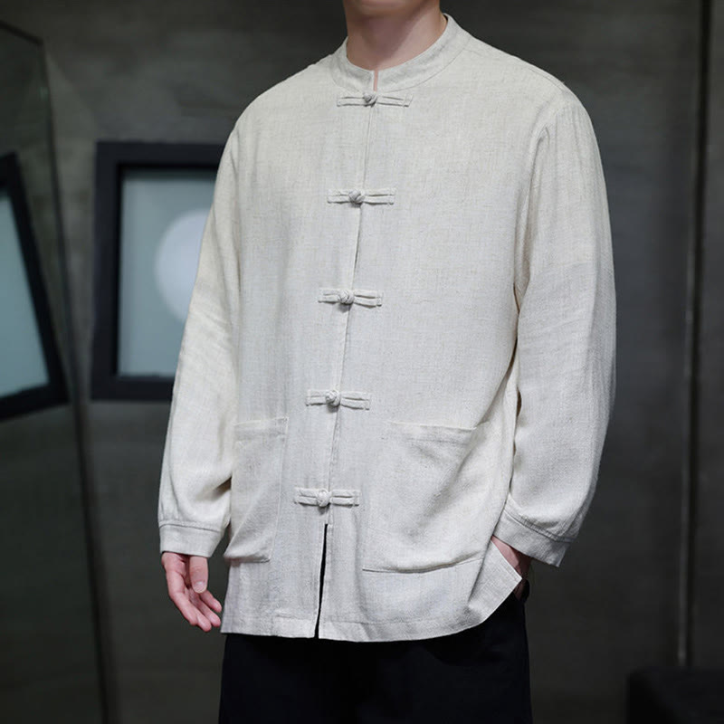 Buddha Stones Casual Plain Color Frog-button Linen Men's Jacket Shirt With Pockets - image 16