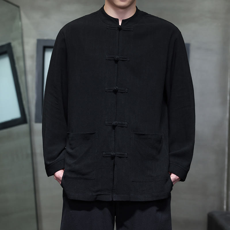 Buddha Stones Casual Plain Color Frog-button Linen Men's Jacket Shirt With Pockets - Black - US/UK/AU46，EU56 (5XL) - image 8