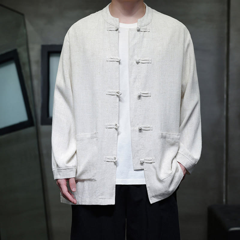 Buddha Stones Casual Plain Color Frog-button Linen Men's Jacket Shirt With Pockets - image 15