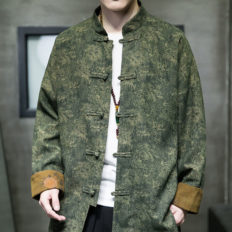 Buddha Stones Leaves Flower Frog-button Tang Suit Cotton Men's Jacket Shirt  - ForestGreen - US/UK/AU46，EU56 (5XL) - image 0
