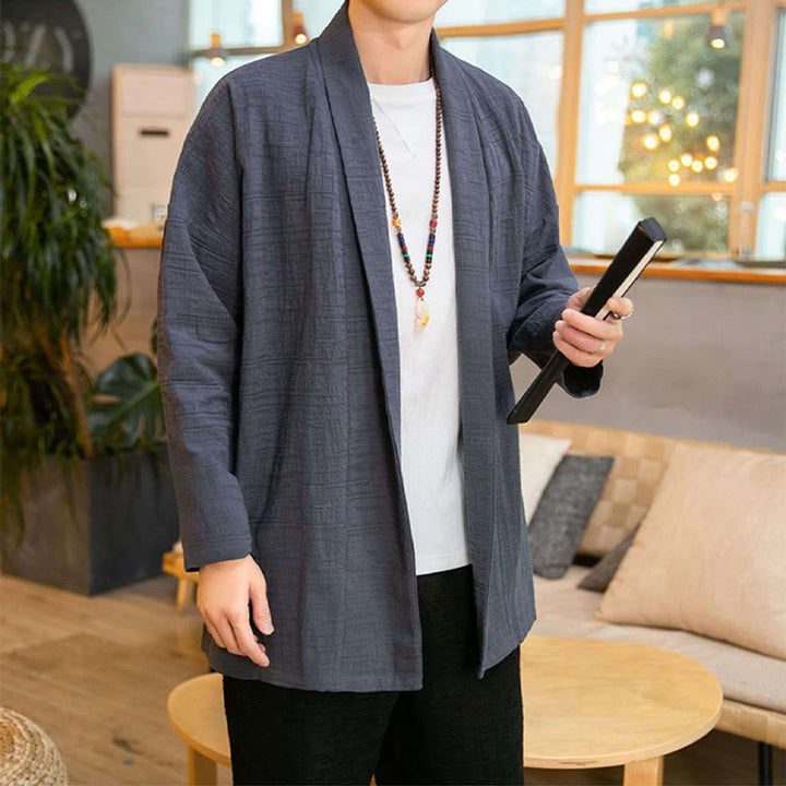 Buddha Stones Fall Simple Loose Plain Linen Blend Men's Mid-length Coat Clothing - image 1