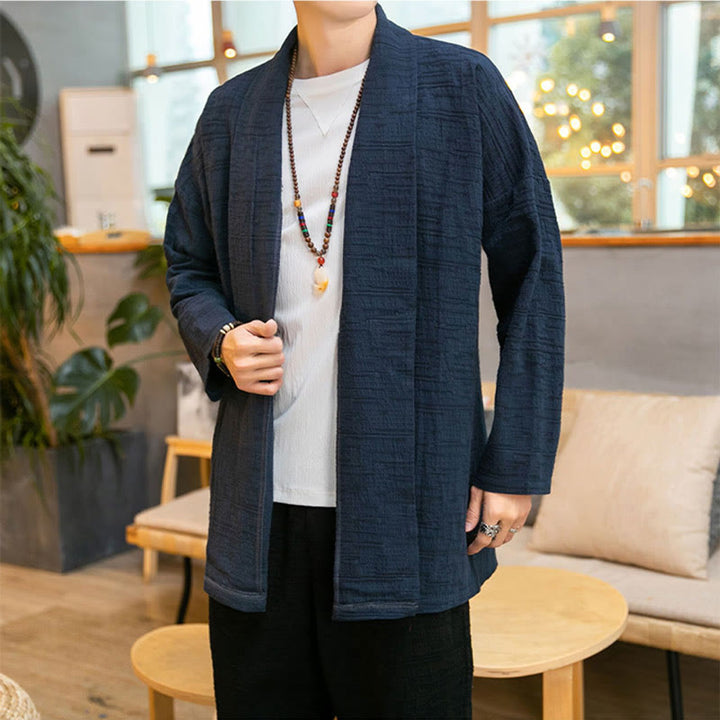 Buddha Stones Fall Simple Loose Plain Linen Blend Men's Mid-length Coat Clothing - image 18