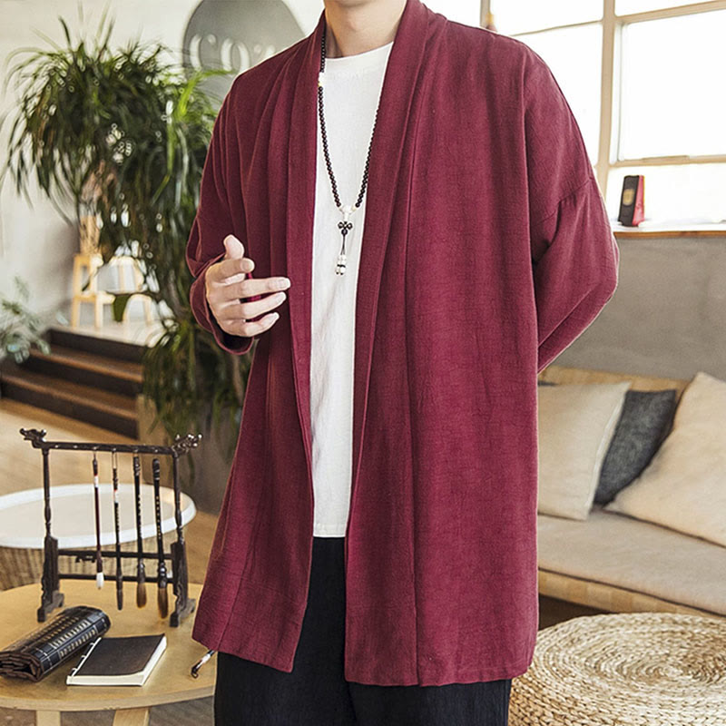 Buddha Stones Fall Simple Casual Cotton Linen Men's Mid-length Coat Clothing - image 3