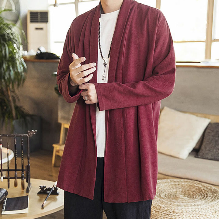 Buddha Stones Fall Simple Casual Cotton Linen Men's Mid-length Coat Clothing - DarkRed - US/UK/AU42，EU52 (3XL) - image 0