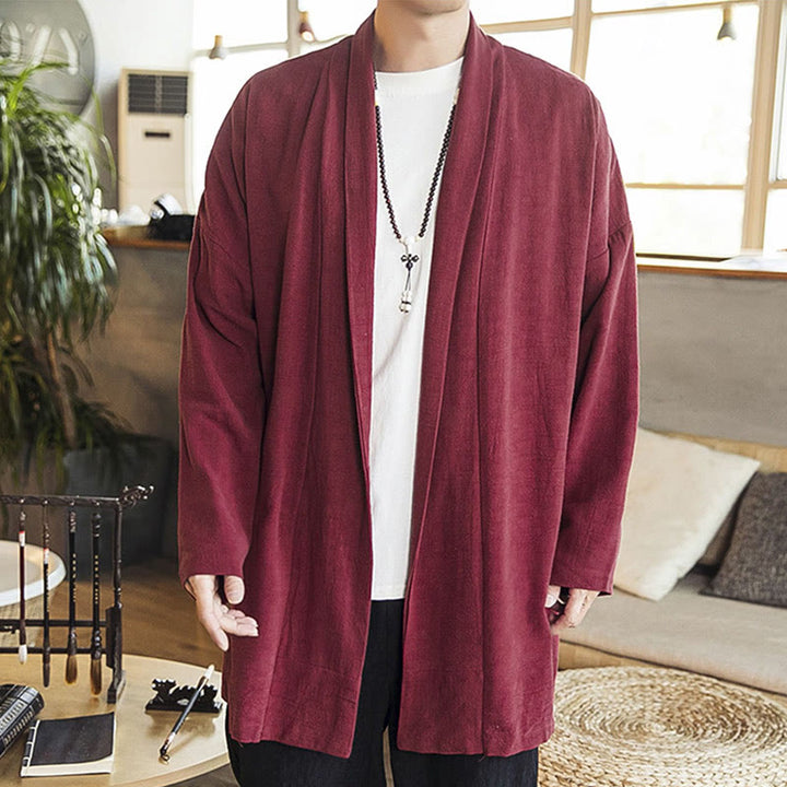 Buddha Stones Fall Simple Casual Cotton Linen Men's Mid-length Coat Clothing