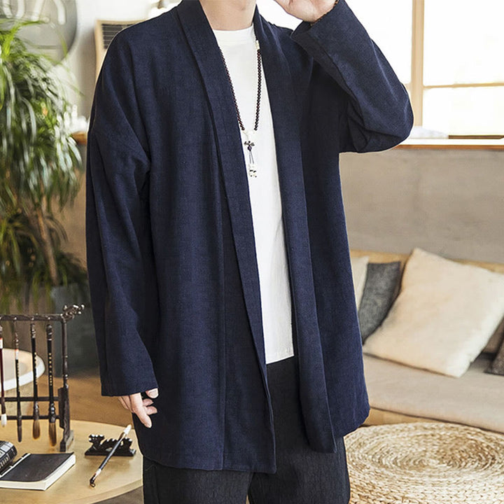 Buddha Stones Fall Simple Casual Cotton Linen Men's Mid-length Coat Clothing