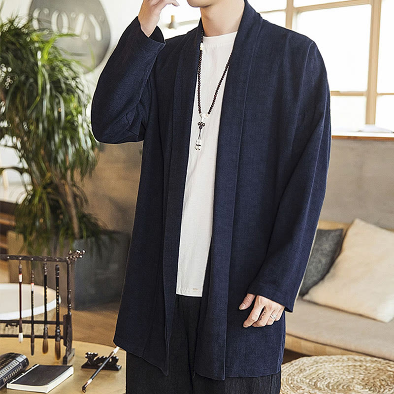 Buddha Stones Fall Simple Casual Cotton Linen Men's Mid-length Coat Clothing - image 8