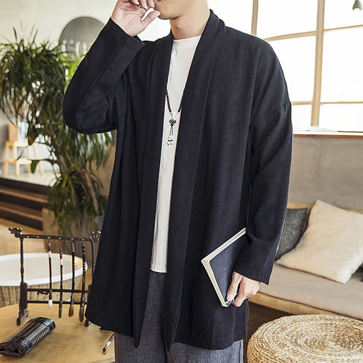 Buddha Stones Fall Simple Casual Cotton Linen Men's Mid-length Coat Clothing