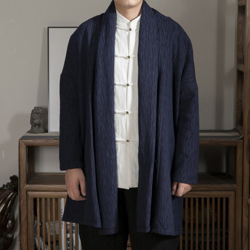 Buddha Stones Fall Simple Jacquard Zen Plush Cotton Lined Men's Mid-length Coat Clothing - SteelBlue - US/UK/AU44，EU54 (4XL) - image 1