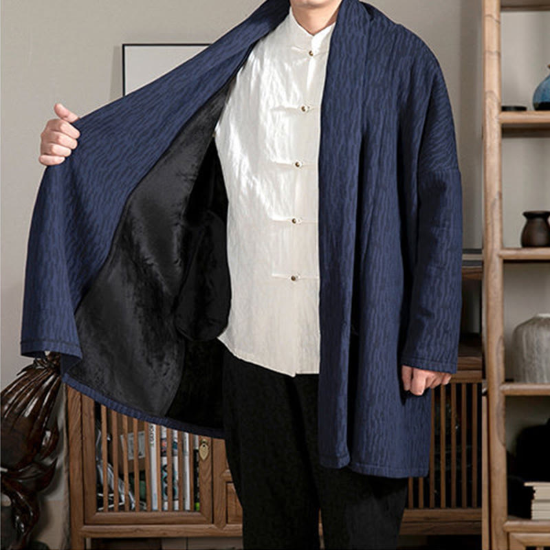 Buddha Stones Fall Simple Jacquard Zen Plush Cotton Lined Men's Mid-length Coat Clothing - image 2