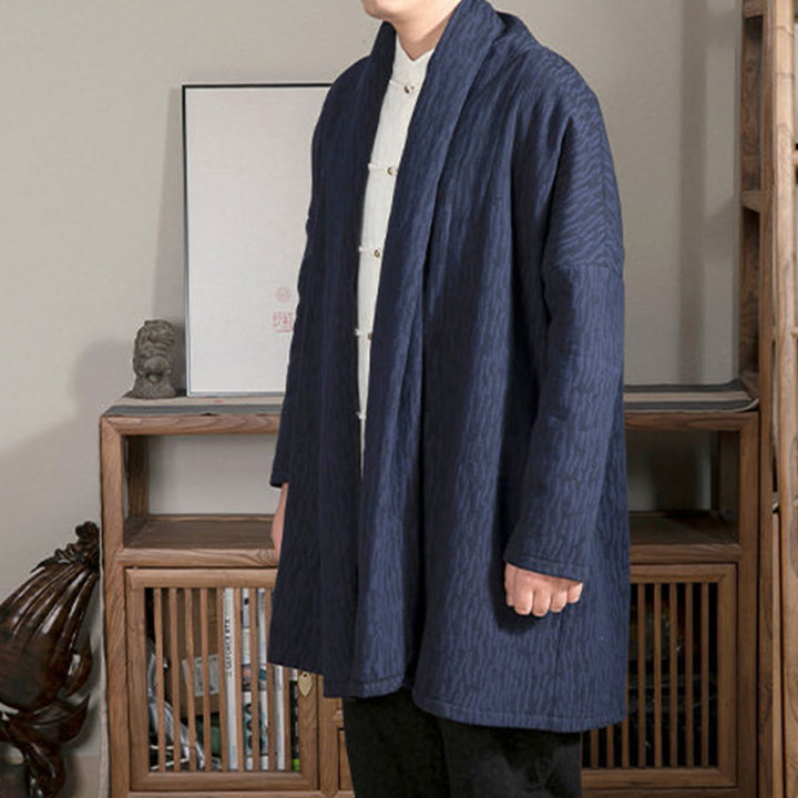 Buddha Stones Fall Simple Jacquard Zen Plush Cotton Lined Men's Mid-length Coat Clothing - image 4