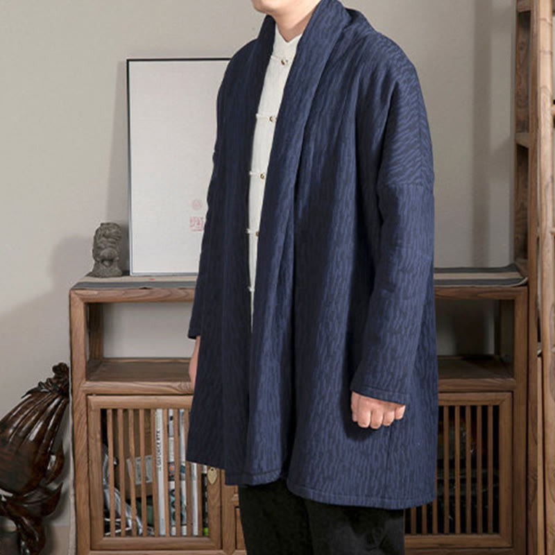 Buddha Stones Fall Simple Jacquard Zen Plush Cotton Lined Men's Mid-length Coat Clothing - image 3