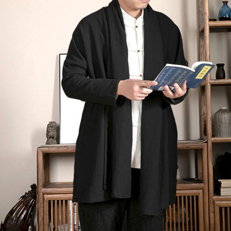 Buddha Stones Fall Simple Jacquard Zen Plush Cotton Lined Men's Mid-length Coat Clothing - image 10
