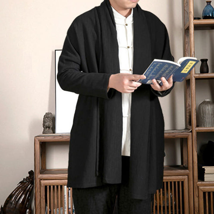 Buddha Stones Fall Simple Jacquard Zen Plush Cotton Lined Men's Mid-length Coat Clothing - image 10