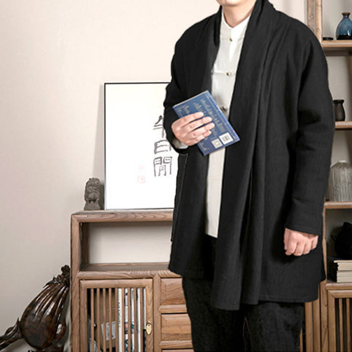 Buddha Stones Fall Simple Jacquard Zen Plush Cotton Lined Men's Mid-length Coat Clothing - image 8
