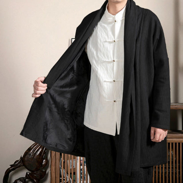 Buddha Stones Fall Simple Jacquard Zen Plush Cotton Lined Men's Mid-length Coat Clothing - image 9