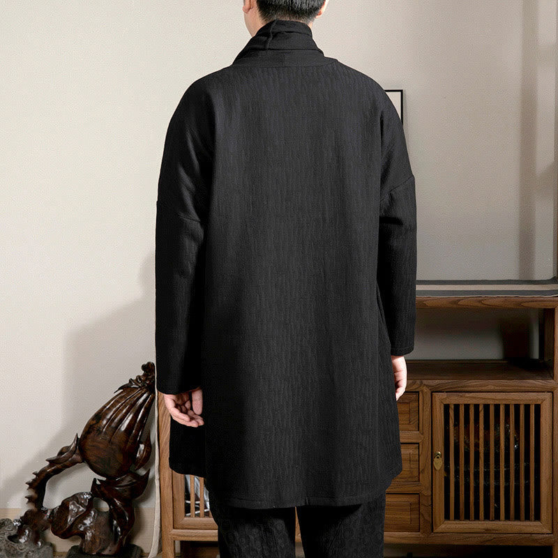 Buddha Stones Fall Simple Jacquard Zen Plush Cotton Lined Men's Mid-length Coat Clothing - image 10