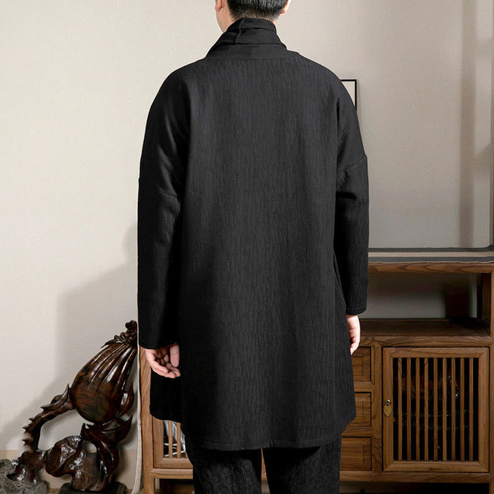 Buddha Stones Fall Simple Jacquard Zen Plush Cotton Lined Men's Mid-length Coat Clothing - image 10