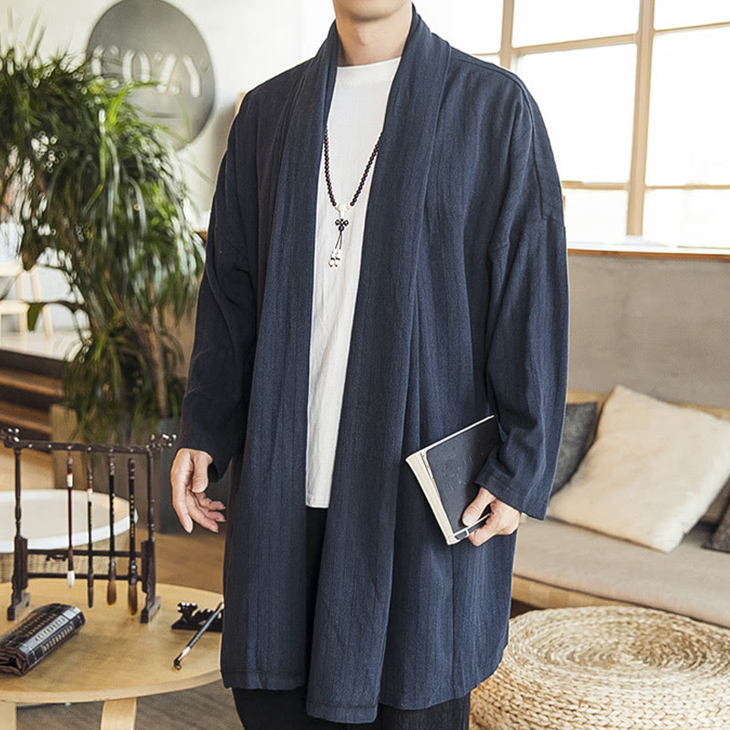 Buddha Stones Fall Simple Casual Loose Plain Linen Blend Men's Mid-length Coat Clothing