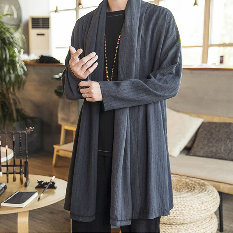 Buddha Stones Fall Simple Casual Loose Plain Linen Blend Men's Mid-length Coat Clothing