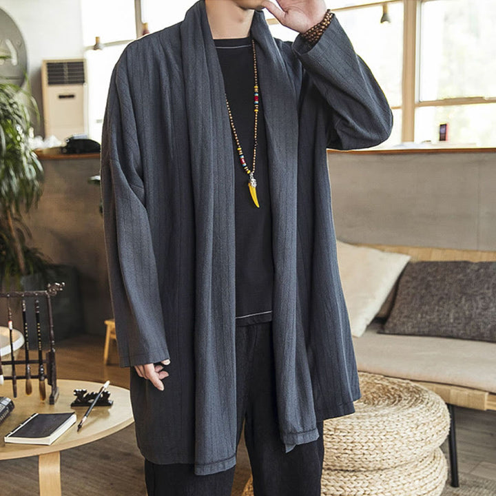 Buddha Stones Fall Simple Casual Loose Plain Linen Blend Men's Mid-length Coat Clothing