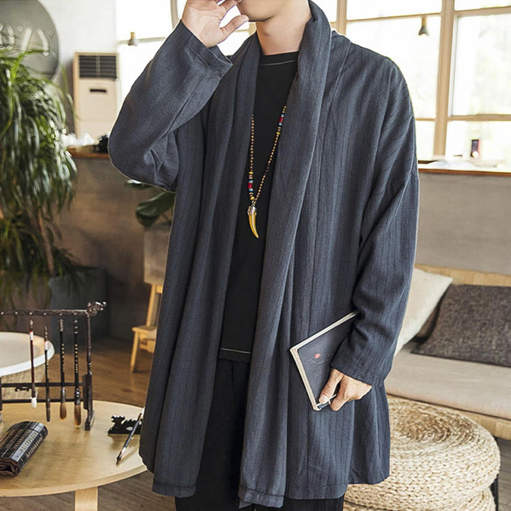 Buddha Stones Fall Simple Casual Loose Plain Linen Blend Men's Mid-length Coat Clothing - image 7